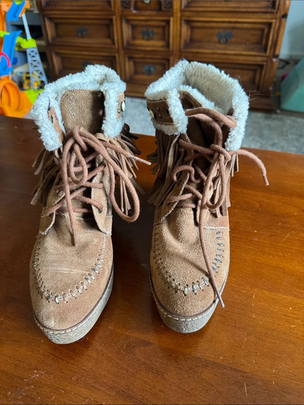 Sam Edelman Fringe Wedge Ankle Boots - Tan